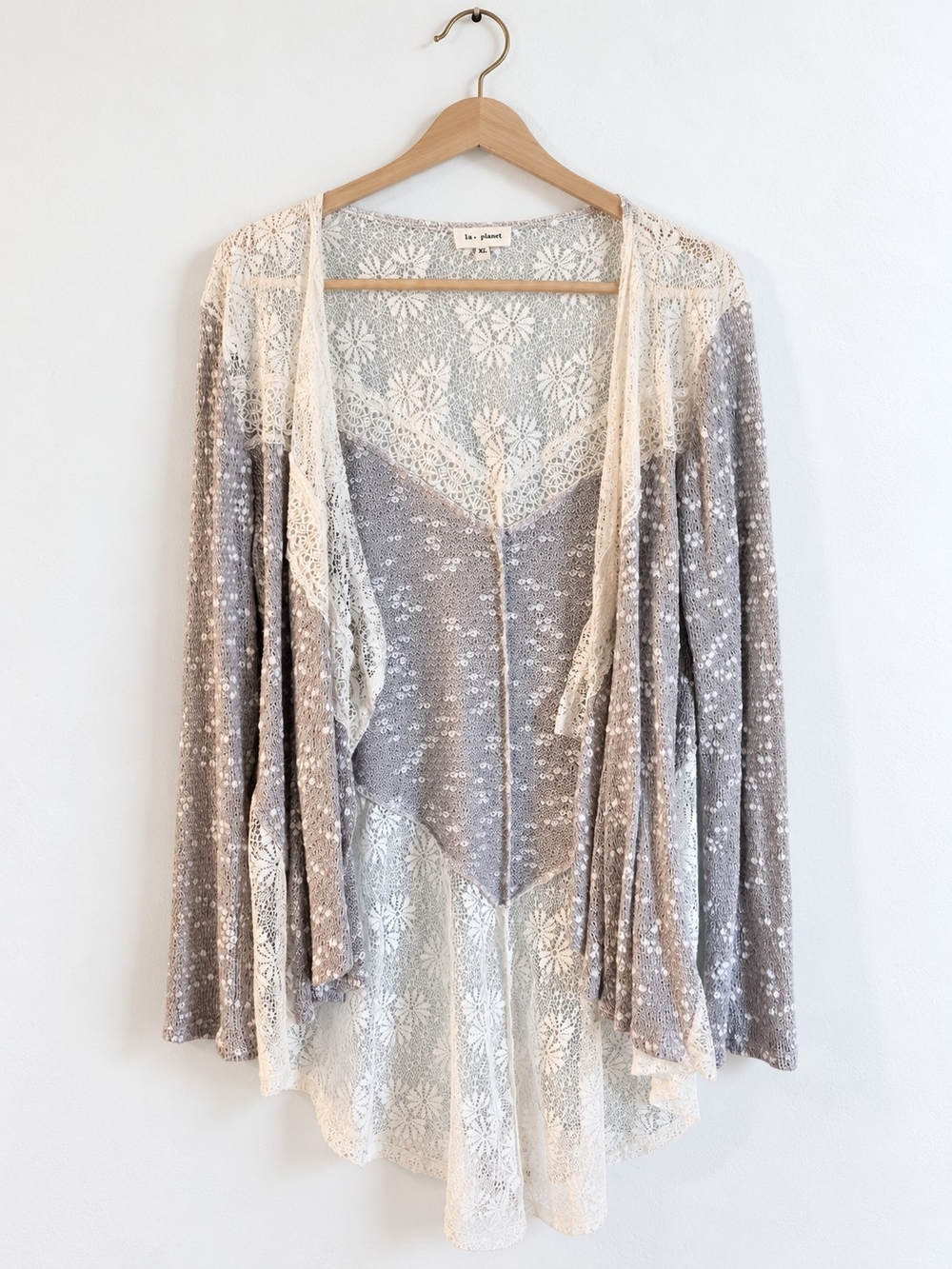Blu Planet Cream & Gray Lace Open Cardigan